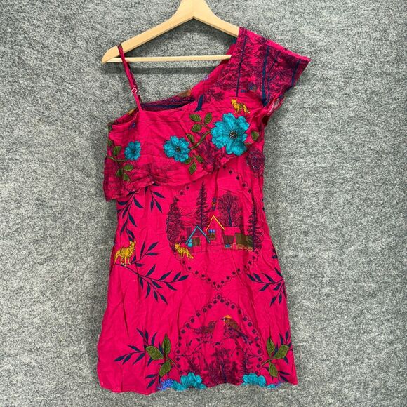 Unbranded Mini Dress Women M Medium Pink Floral Short One Shoulder Short Sleeve - Picture 1 of 5